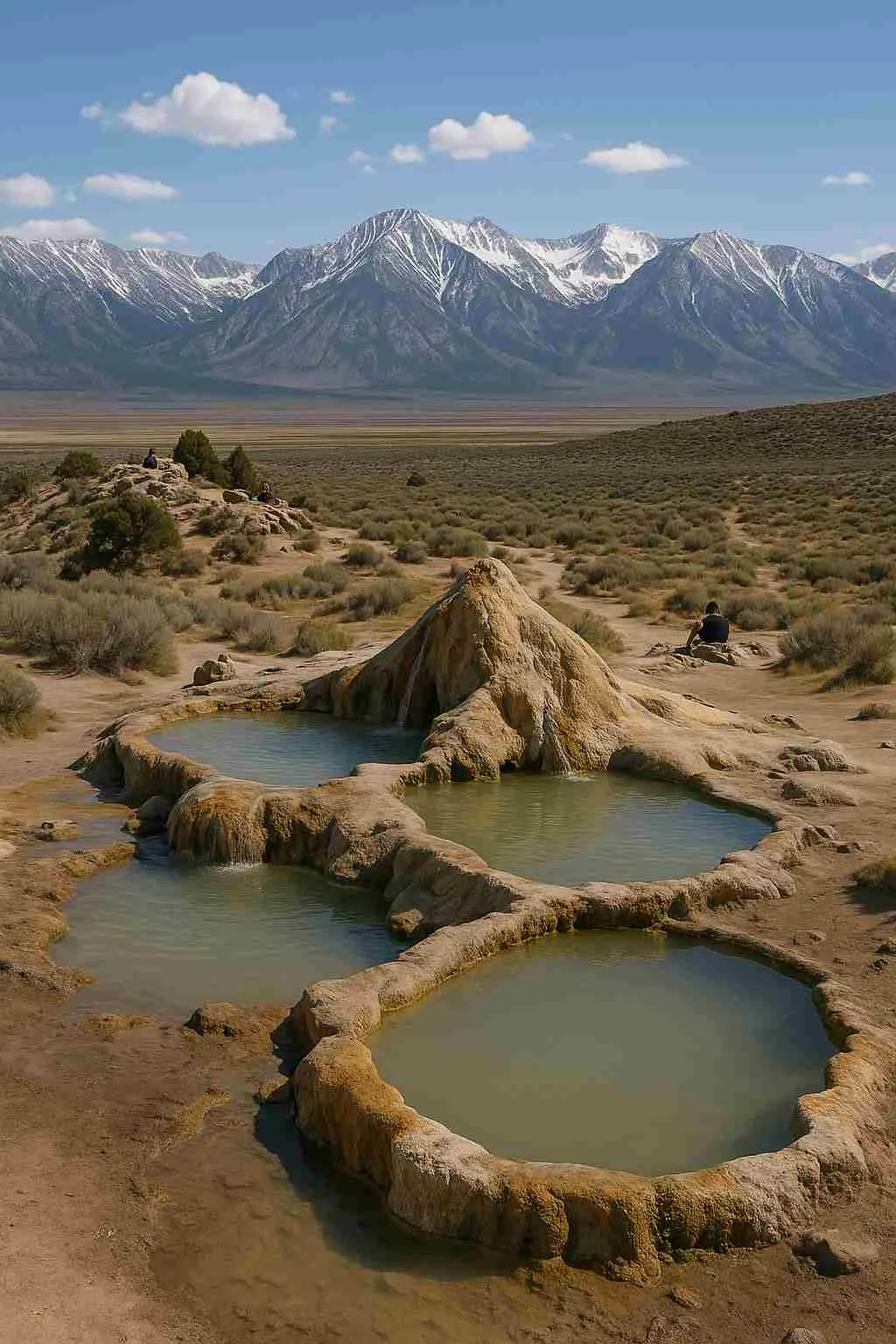 A wide-angle photo of the Travertine Hot Springs pools with the Sierra Nevada mountains in the background, ideally showing the natural terrain and popular visitor areas.