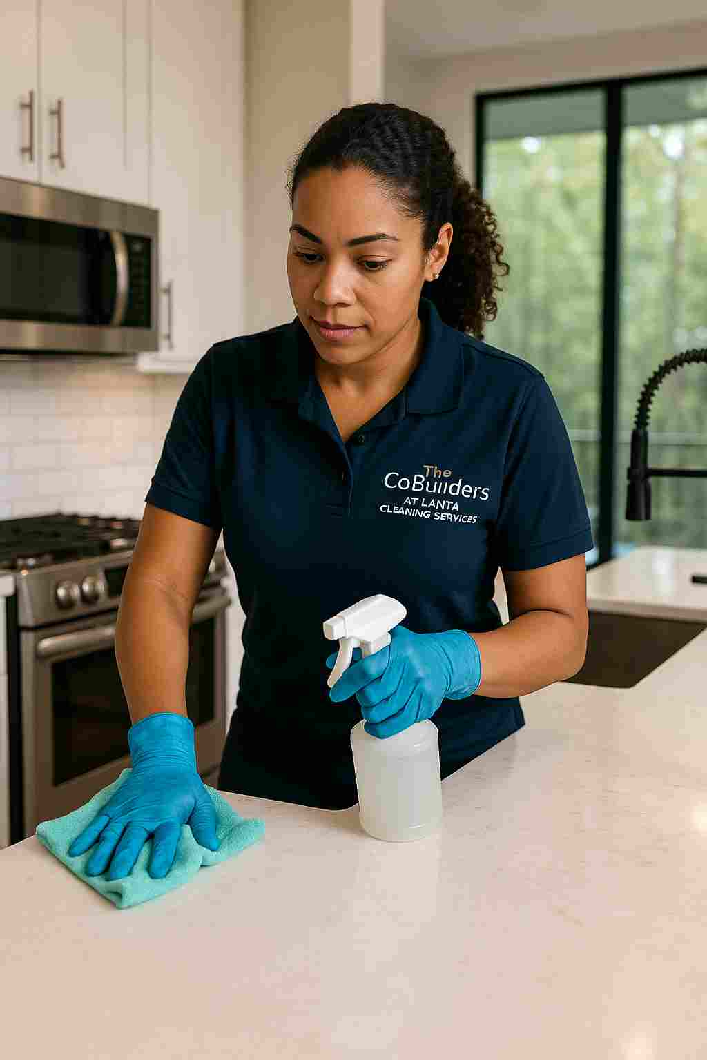 Professional cleaner providing detailed cleaning service in a modern Atlanta home, representing reliable Atlanta cleaning services by The CoBuilders.