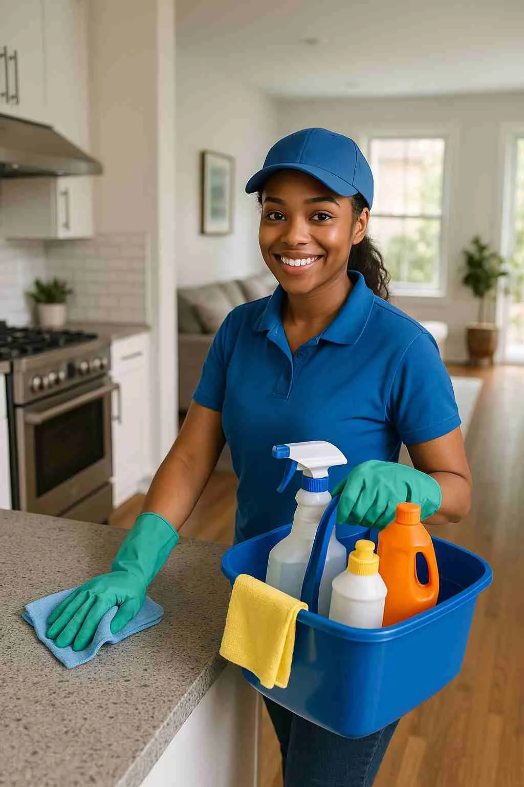 Professional cleaner delivering residential cleaning services in a modern Houston home, representing trusted and affordable cleaning in Houston