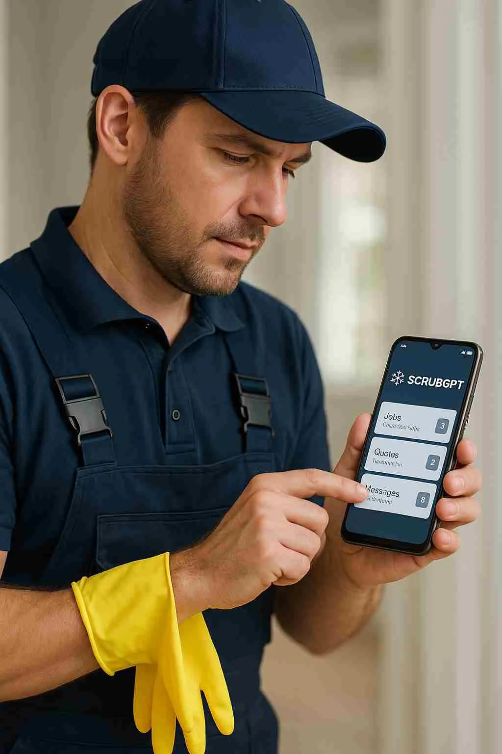 Professional cleaner using SCRUBGPT on a smartphone to manage cleaning jobs, quotes, and client communication—showcasing AI for the cleaning industry.