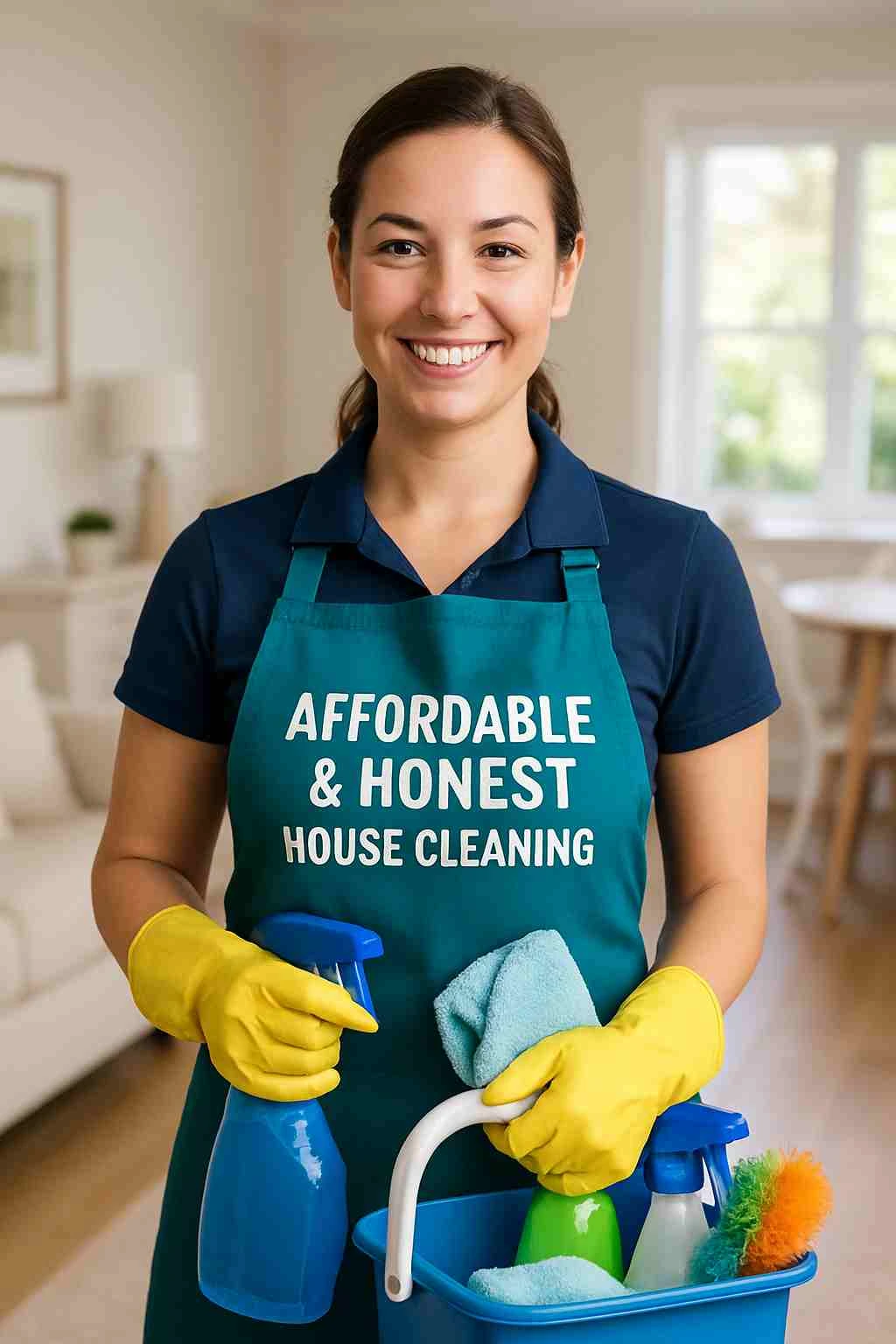 Professional cleaner standing in a bright, clean home, representing affordable and honest house cleaning services as an alternative to $19 dollar cleaning gimmicks.