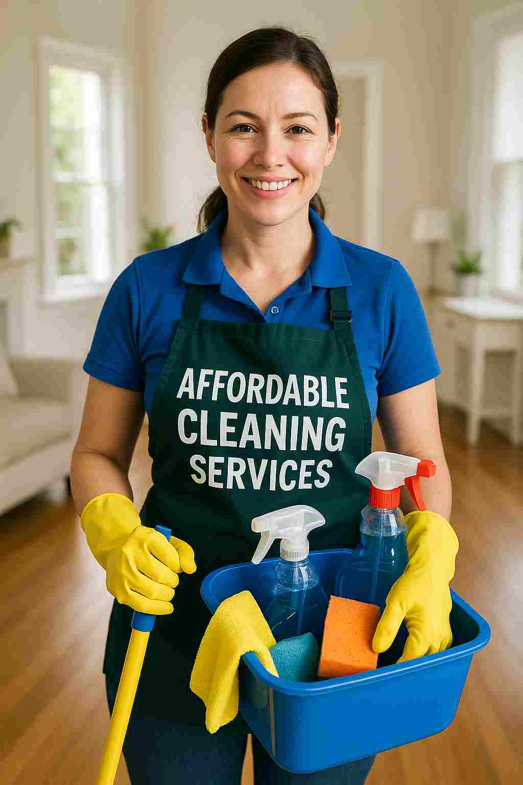 Professional house cleaner providing affordable cleaning services in a bright, well-maintained home—offering trustworthy local service.
