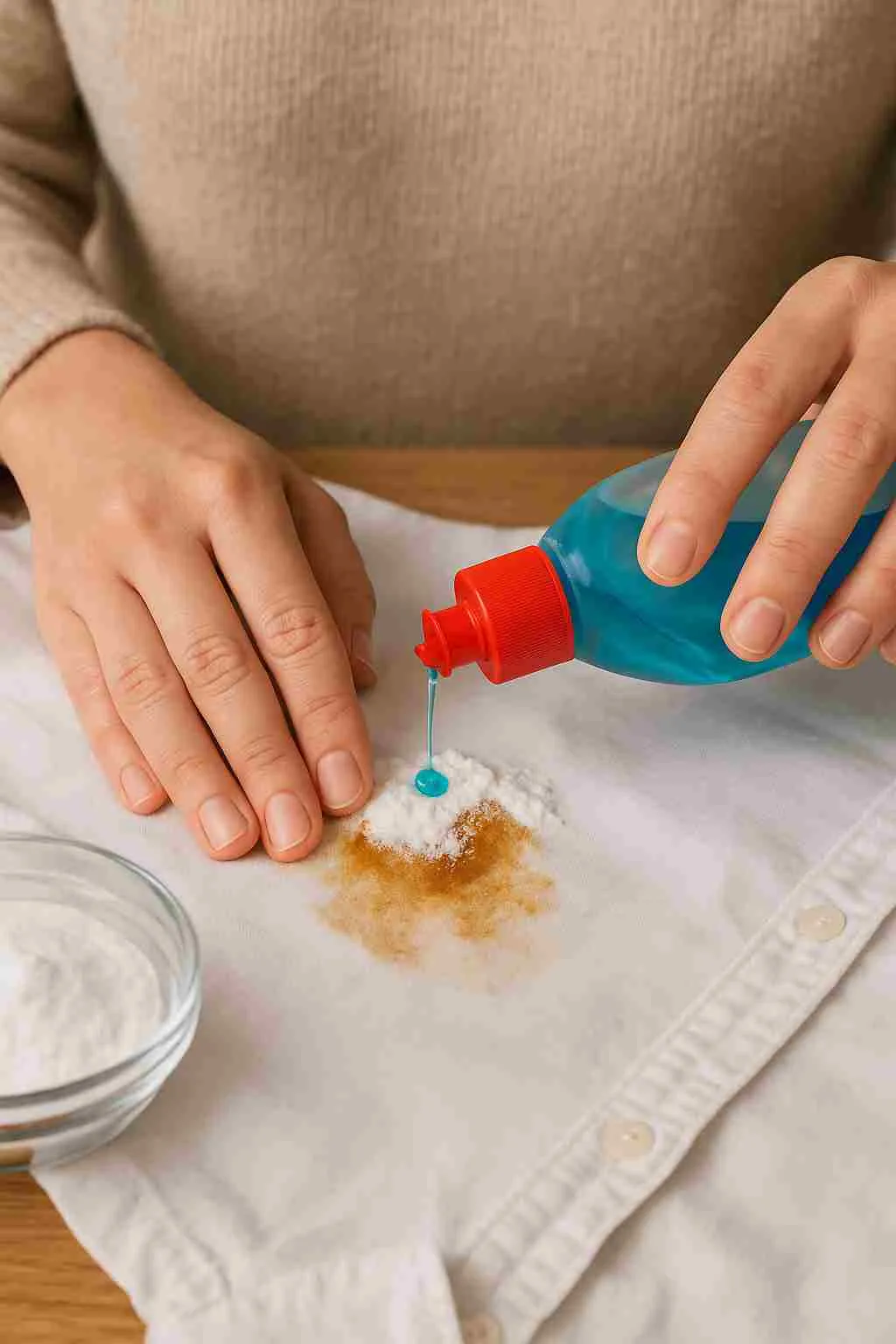 Close-up of a person treating a grease stain on a shirt using baking soda and dish soap, demonstrating how to get out grease stains from clothes effectively.