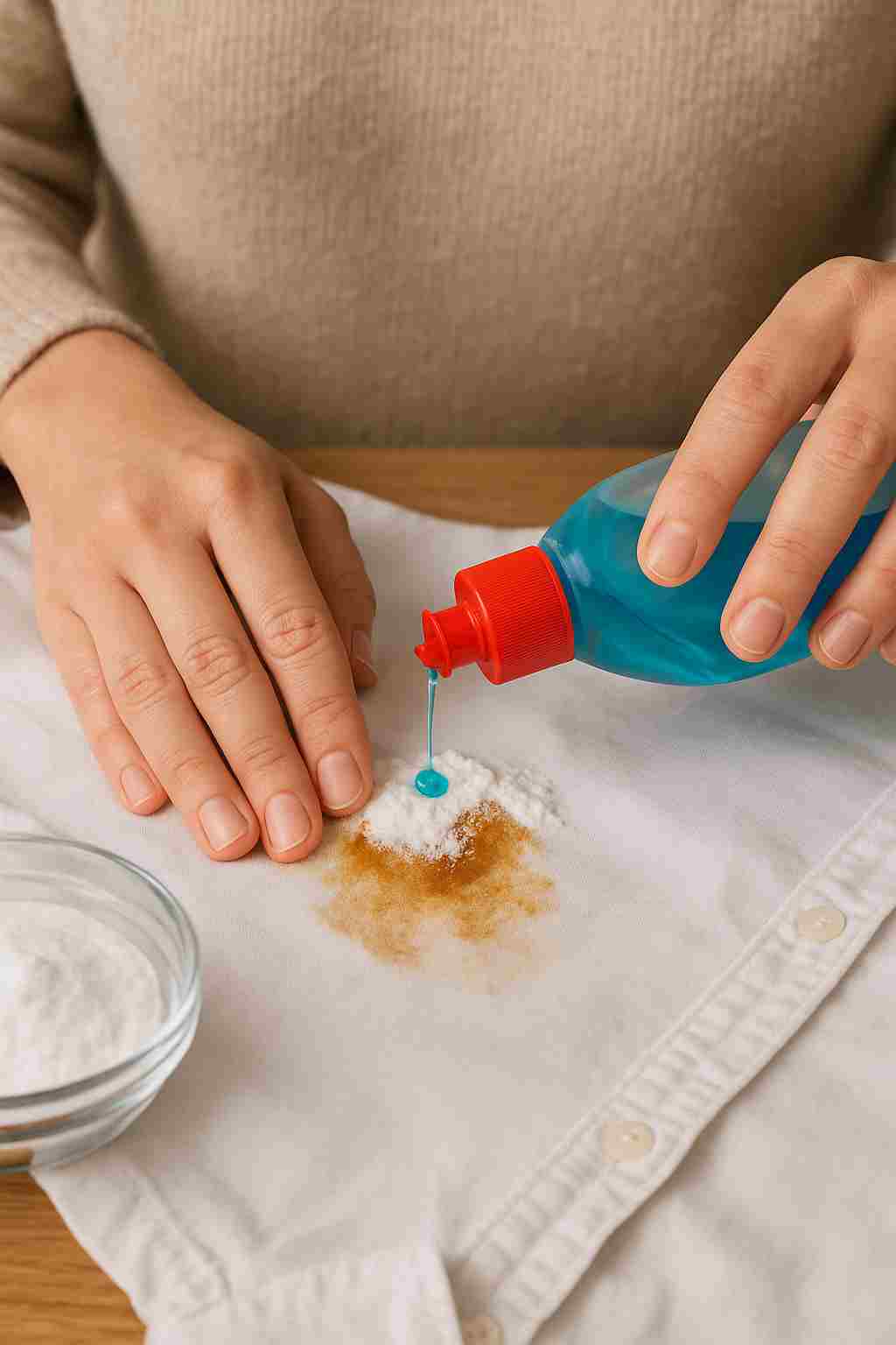 Close-up of a person treating a grease stain on a shirt using baking soda and dish soap, demonstrating how to get out grease stains from clothes effectively.