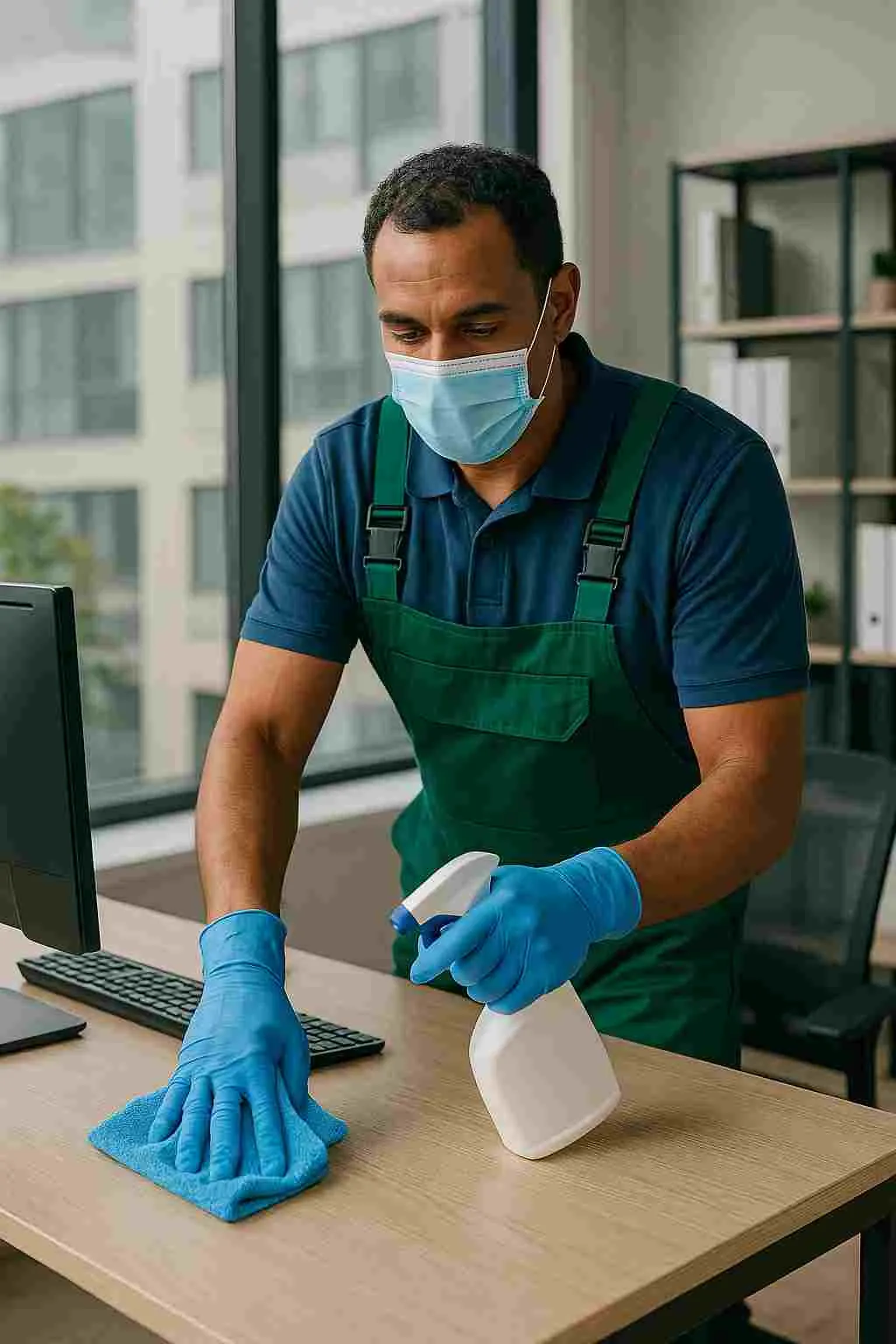 Commercial cleaner sanitizing an office desk in a modern workspace, representing professional and reliable commercial cleaning services for offices.