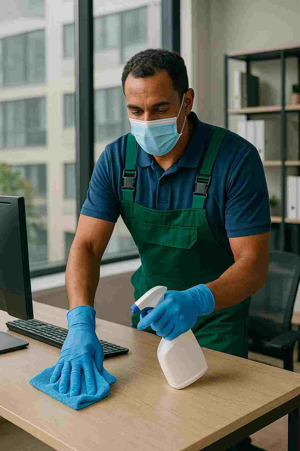 Commercial cleaner sanitizing an office desk in a modern workspace, representing professional and reliable commercial cleaning services for offices.