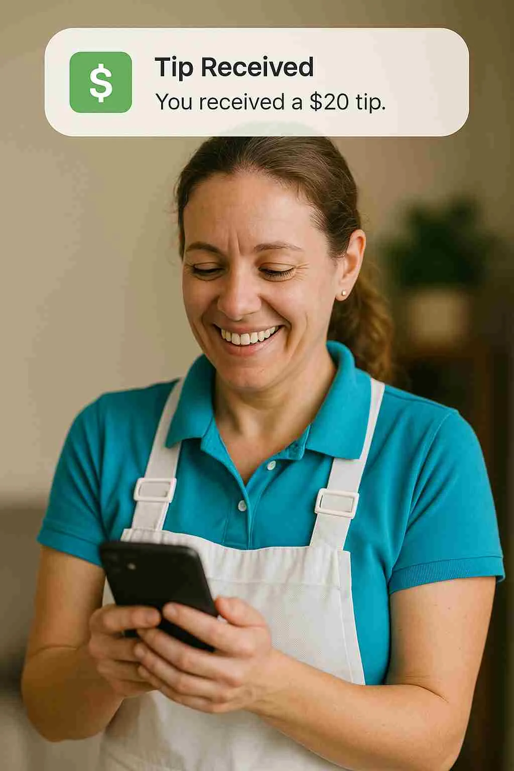 Cleaner receiving a tip with a mobile app notification, illustrating how the No Tax on Tips Act benefits cleaning professionals.
