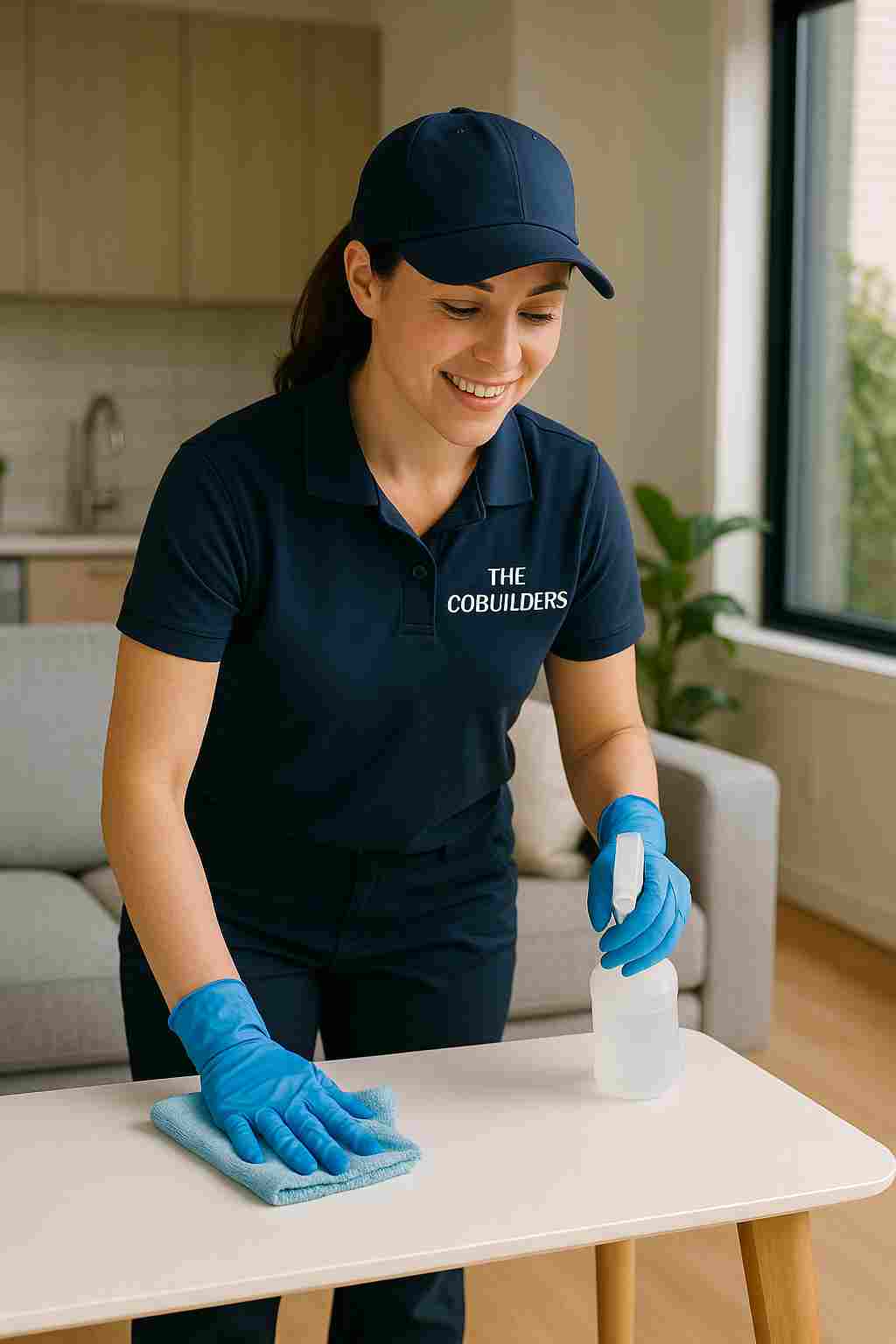 Professional cleaner with "The CoBuilders" on their uniform, tidying a modern home, representing the cost and value of standard house cleaning services from The CoBuilders.