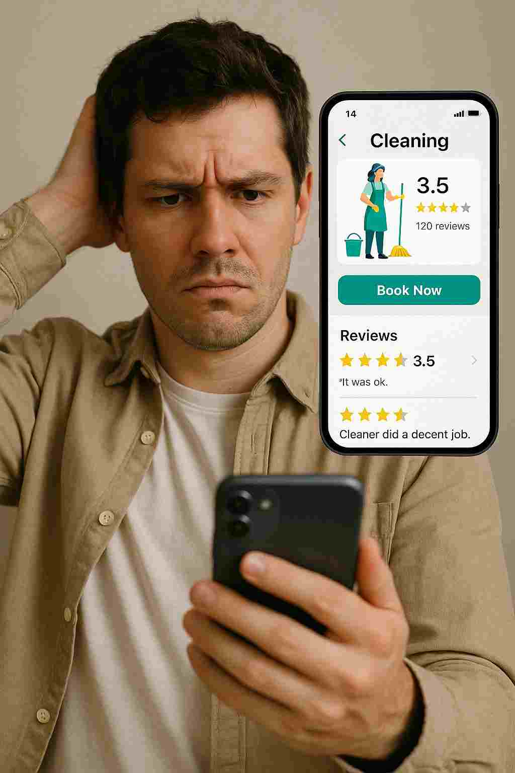 a customer looking confused while reviewing a cleaning app (representing uncertainty with gig-based services