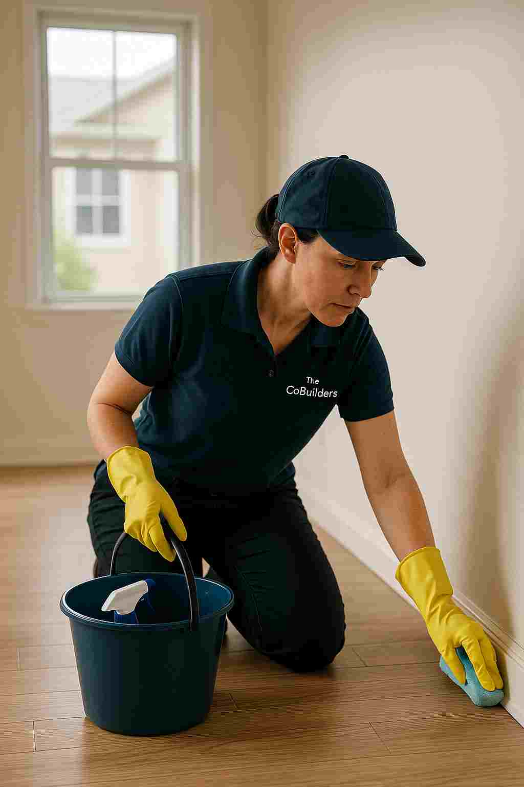 Professional cleaner with "The CoBuilders" label on uniform, performing a detailed move-out cleaning in an empty home, ensuring it's ready for the next tenant or owner.
