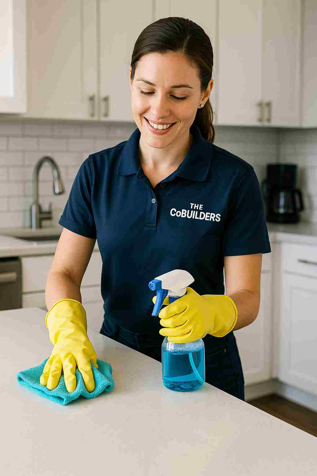 Professional house cleaner with "The CoBuilders" label on their uniform, working in a modern Suffolk County home, delivering expert cleaning services across Long Island.