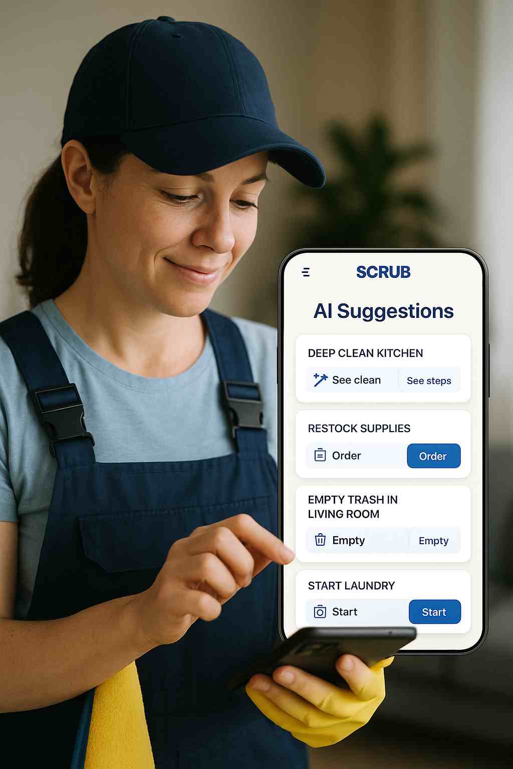 Cleaner using a mobile app with AI-powered suggestions, representing how SCRUB provides smart prompts and clickable actions to simplify daily tasks.