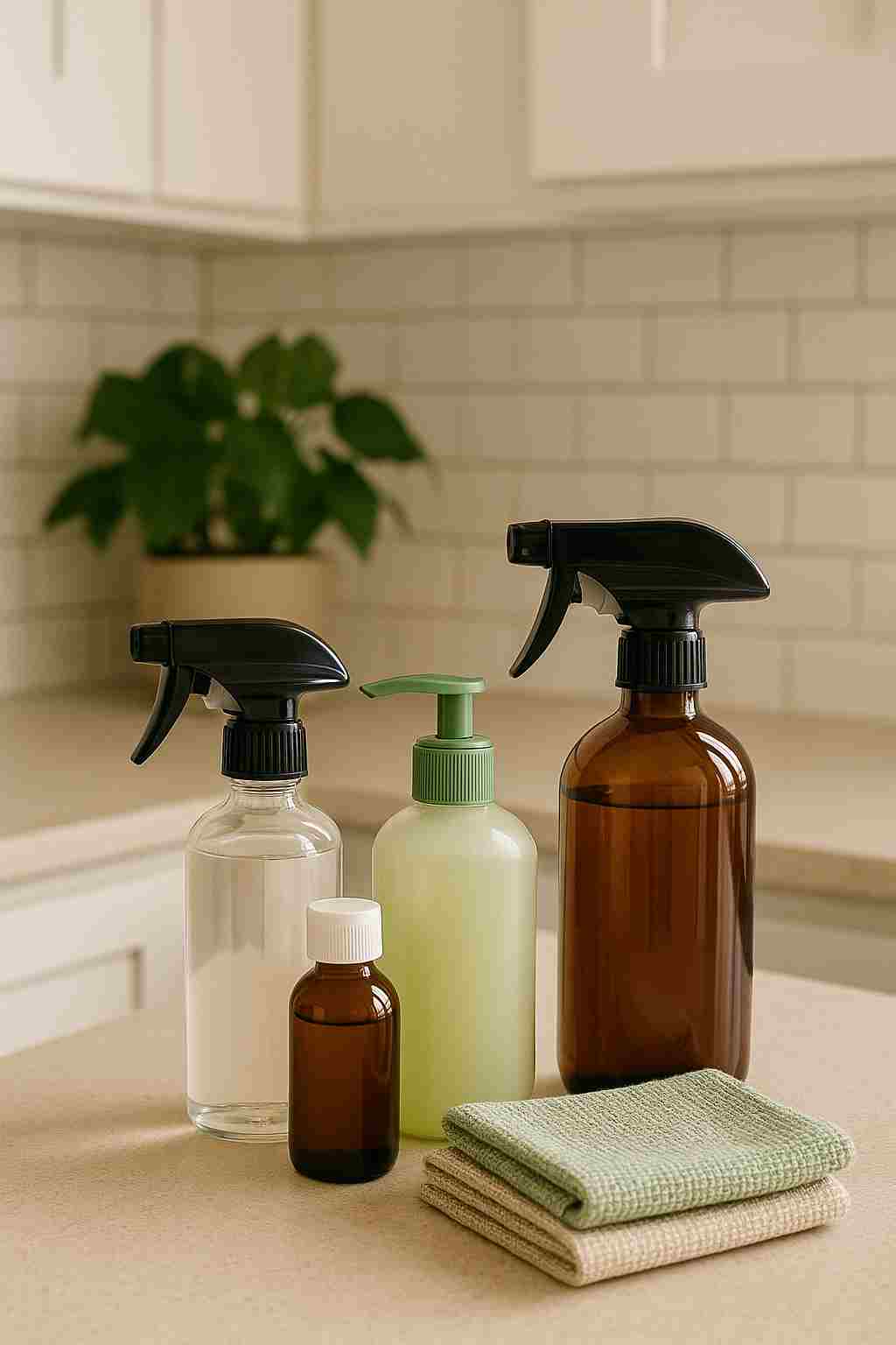 A set of eco-friendly house cleaning products on a kitchen counter, including spray bottles and microfiber cloths, used for safe and effective home cleaning.
