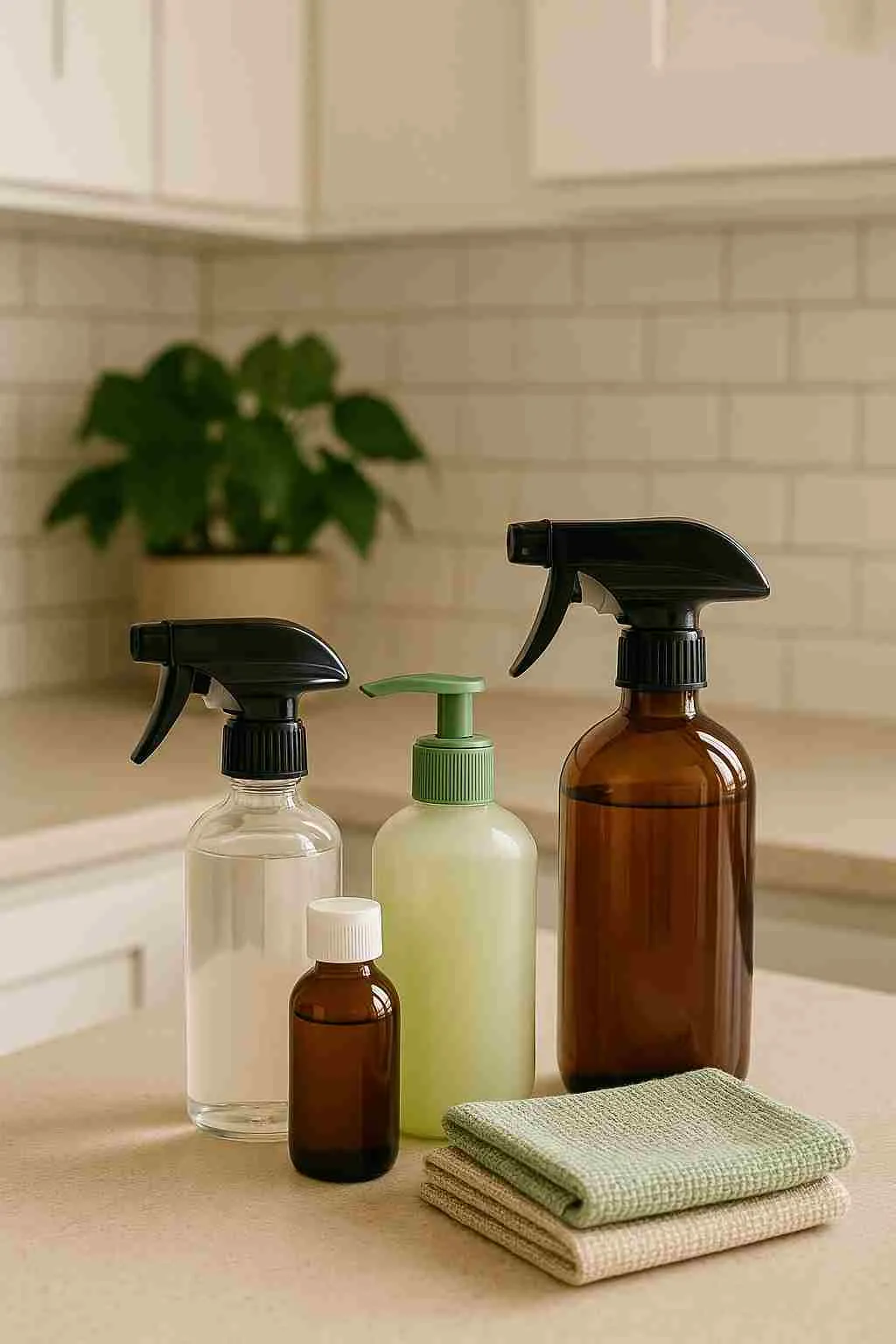 A set of eco-friendly house cleaning products on a kitchen counter, including spray bottles and microfiber cloths, used for safe and effective home cleaning.