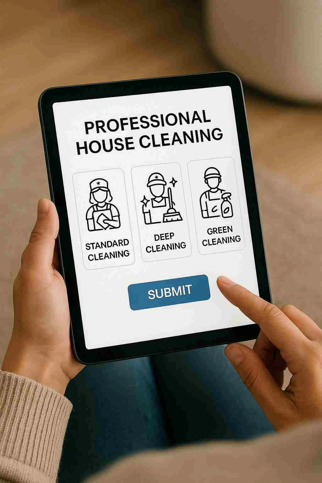 Person browsing professional house cleaning options on a tablet, representing the choice between different service models for home cleaning.
