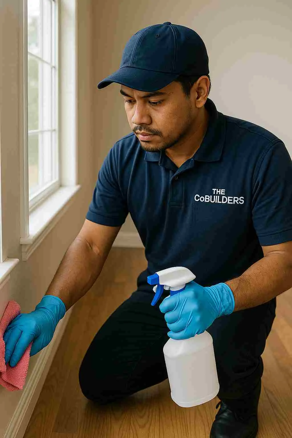 Professional Filipino male cleaner with "The CoBuilders" label on their uniform, performing a detailed move-out cleaning in an empty house, preparing it for its next occupant.