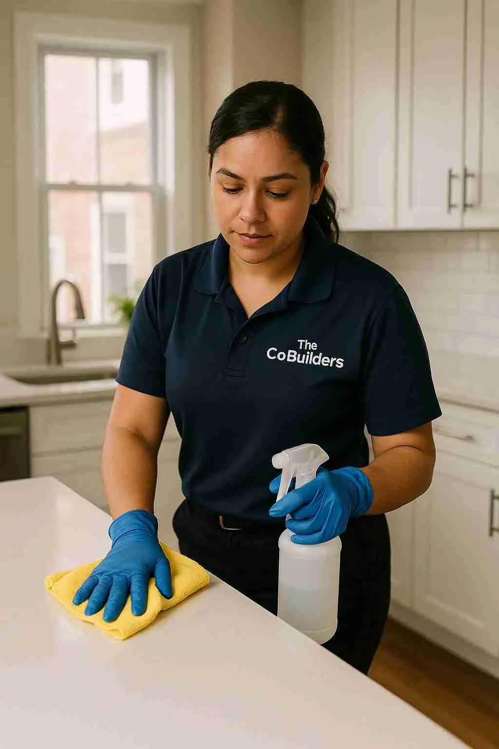 Professional cleaner with "The CoBuilders" label on their uniform, wiping down surfaces in a well-lit Philadelphia home, representing trusted local cleaning services by The CoBuilders.