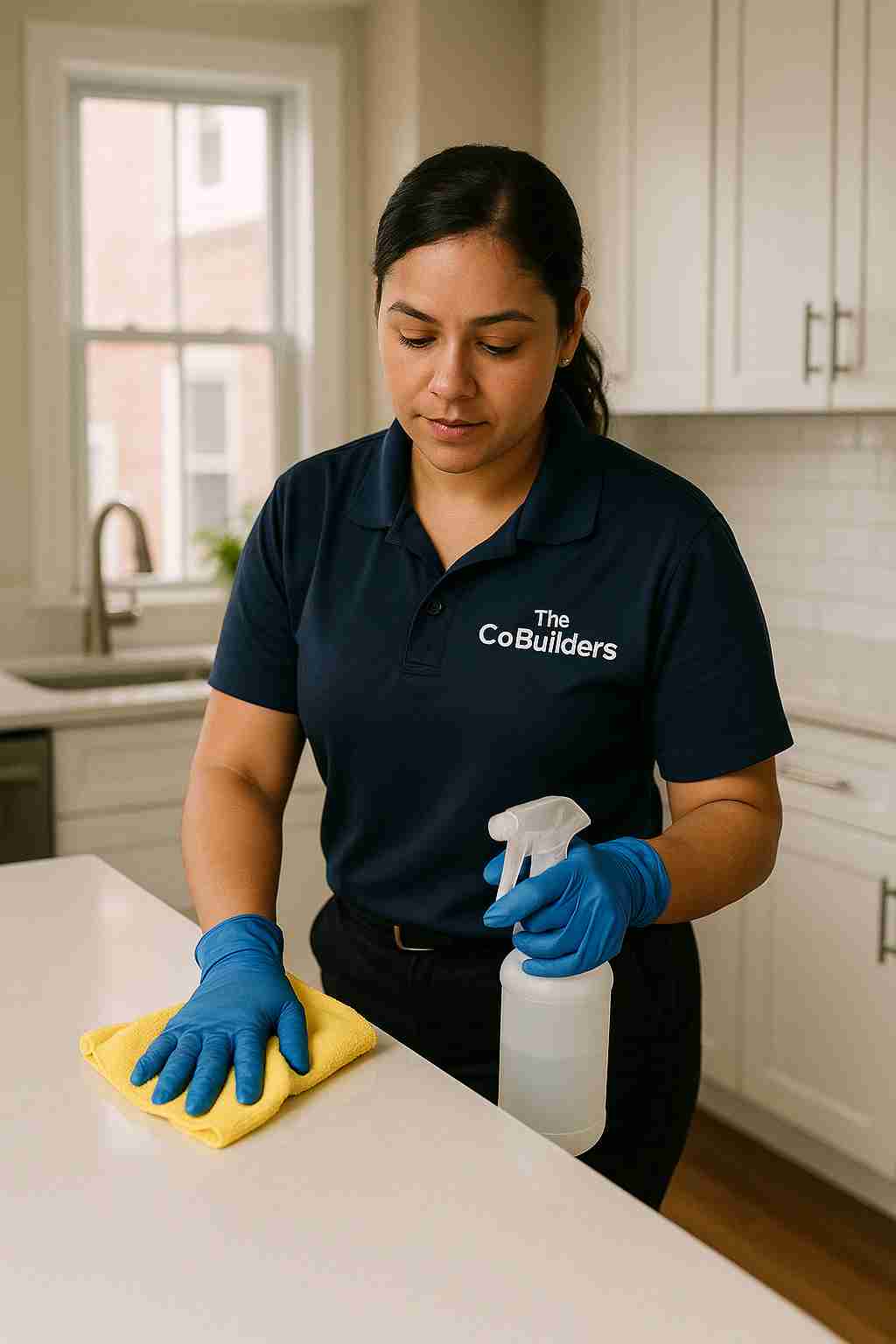 Professional cleaner with "The CoBuilders" label on their uniform, wiping down surfaces in a well-lit Philadelphia home, representing trusted local cleaning services by The CoBuilders.