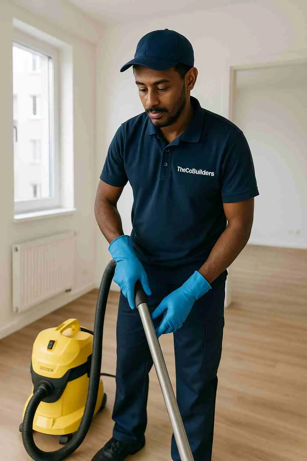 Ethiopian male Professional cleaner, with "The CoBuilders" label on his uniform, performing a move-out cleaning in an empty apartment, preparing the space for the next resident.