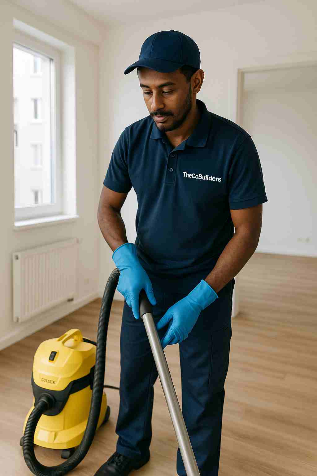 Ethiopian male Professional cleaner, with "The CoBuilders" label on his uniform, performing a move-out cleaning in an empty apartment, preparing the space for the next resident.