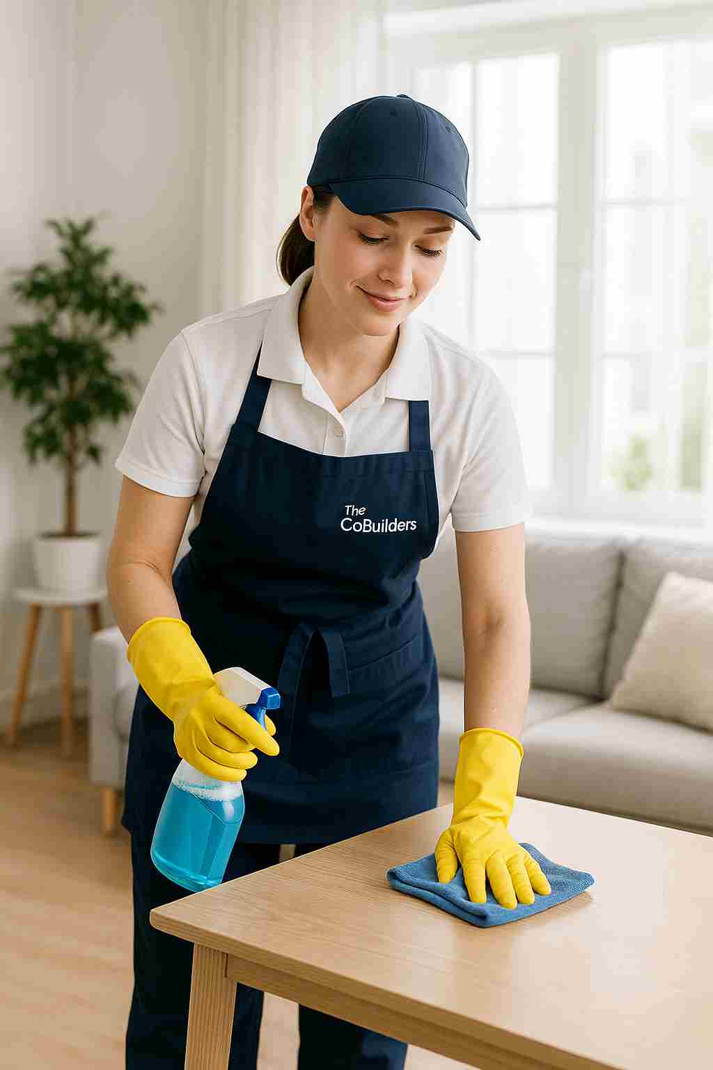 A female white professional cleaner with "The CoBuilders" label on their uniform, performing one-time cleaning service in a bright, modern living room, representing a spotless home after a deep clean.