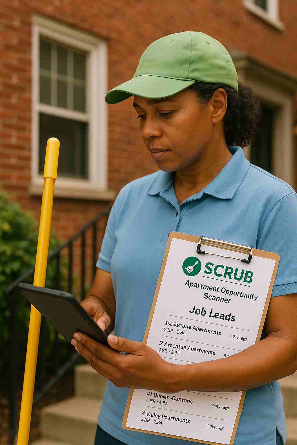 Cleaner reviewing job leads from SCRUB’s Apartment Opportunity Scanner outside a residential apartment building.
