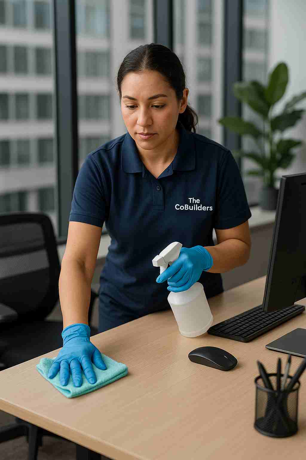 Professional office cleaner, with "The CoBuilders" label on their uniform, wiping down a desk in a modern business space, representing commercial cleaning services near me.