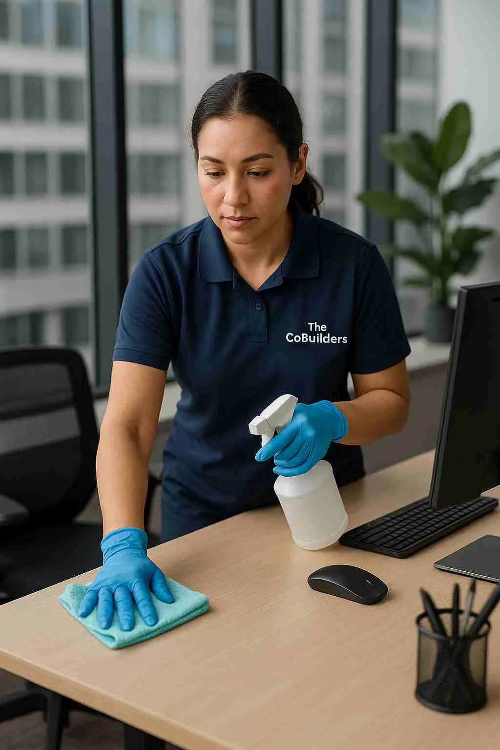 Professional office cleaner, with "The CoBuilders" label on their uniform, wiping down a desk in a modern business space, representing commercial cleaning services near me.