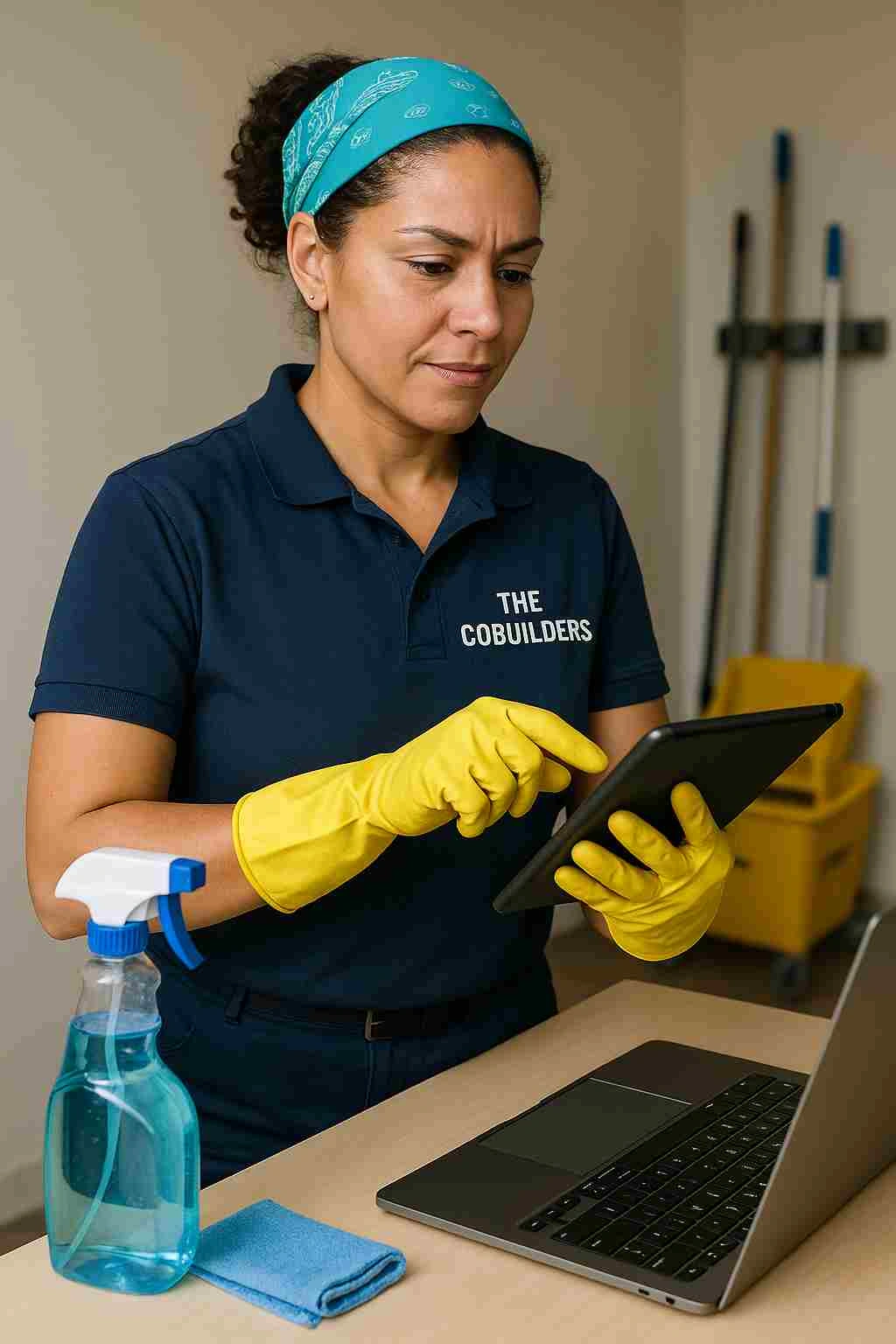 Empowered female cleaner with "The CoBuilders" label on their uniform, using digital tools in a clean workspace, reflecting innovation and dignity in the cleaning industry