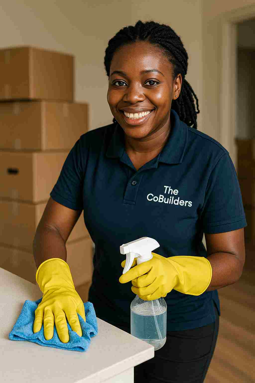 Cameroonian female, professional cleaner with "The CoBuilders" label on their uniform, preparing a home for move-out with boxes in the background, representing moving house cleaning service.
