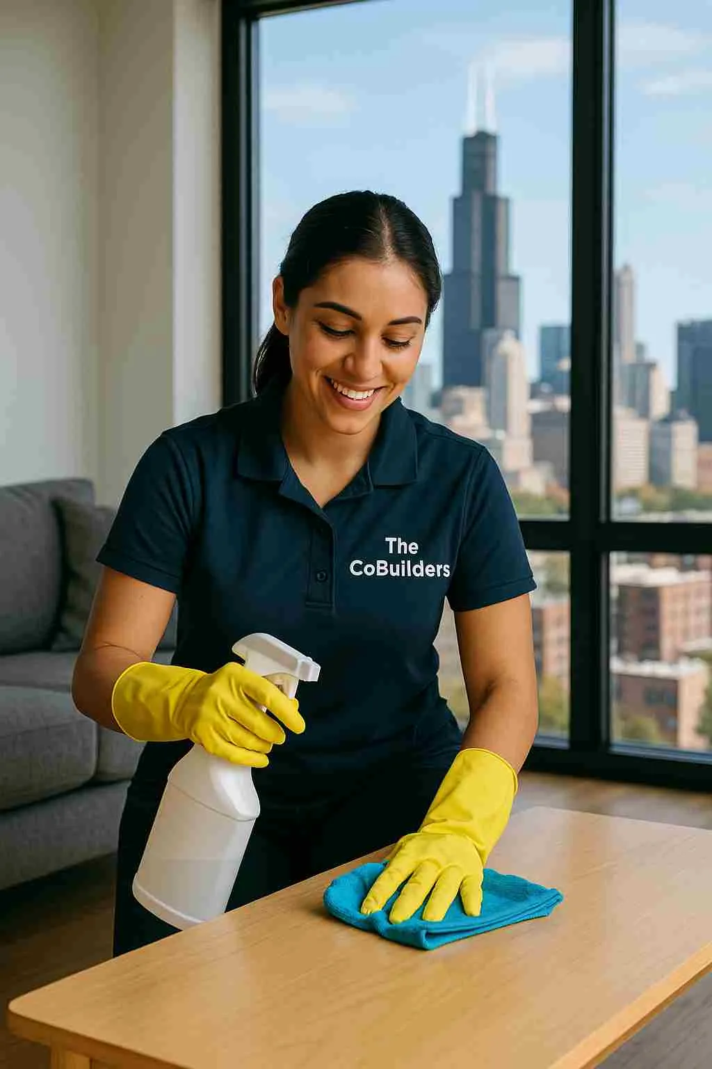 Professional house cleaner, with "The CoBuilders" label on their uniform, working in a Chicago apartment with city skyline in the background, representing local cleaning service.