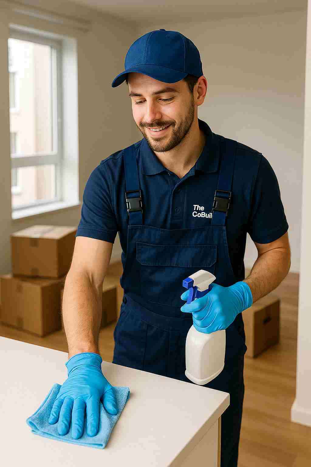 A male caucasian, Professional cleaner, with "The CoBuilders" label on their uniform, finishing a move-out clean in an empty apartment with moving boxes nearby.