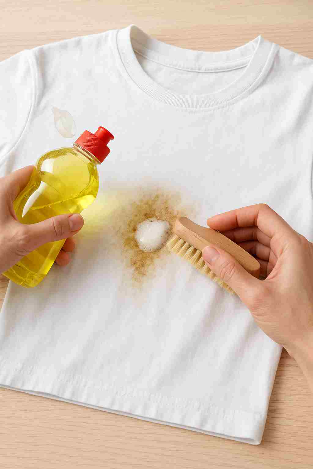 Person treating a grease stain on a cotton shirt using dish soap and a soft brush.