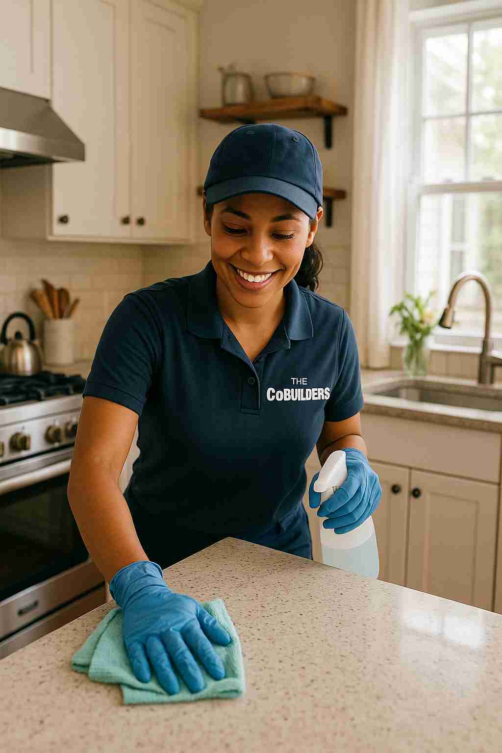 Affordable professional house cleaner, with "The CoBuilders" label on their uniform, wiping kitchen counter in a cozy, clean home