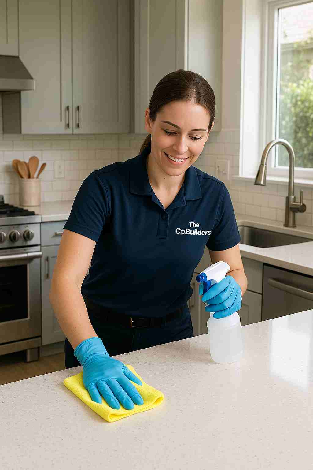 Professional house cleaner, with from "The CoBuilders" sanitizing a modern kitchen countertop in a tidy home.