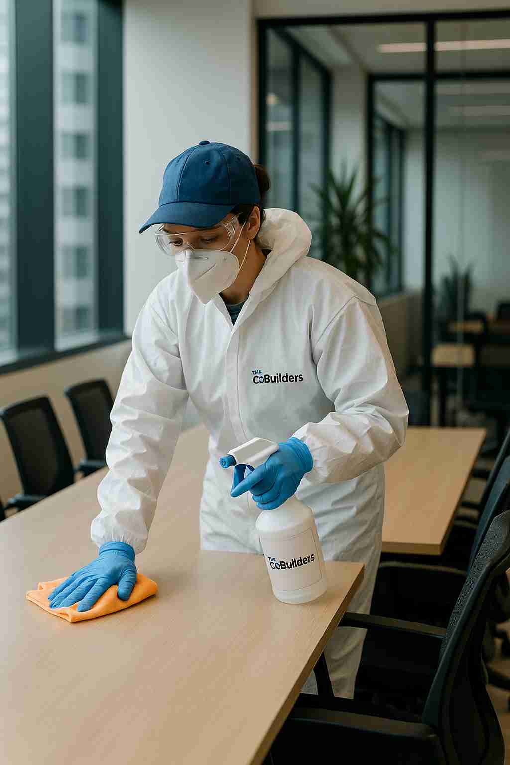 Professional cleaner from The CoBuilders disinfecting a conference table in a modern office space