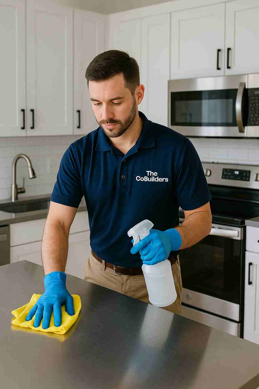 Male professional house cleaner from The CoBuilders performing a one-time cleaning in a modern home kitchen