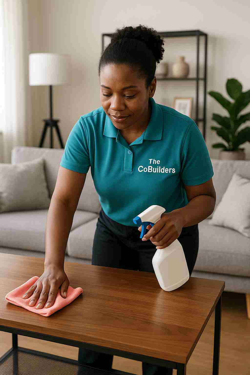 Professional African-American female house cleaner, with "The CoBuilders" label on their uniform, wiping down a modern living room table, representing easy-to-find cleaning services from The CoBuilders