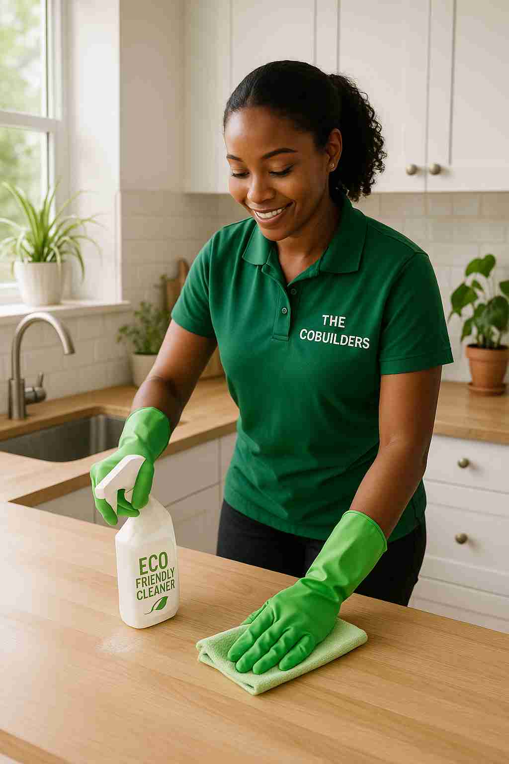 Professional cleaner using eco-friendly products 