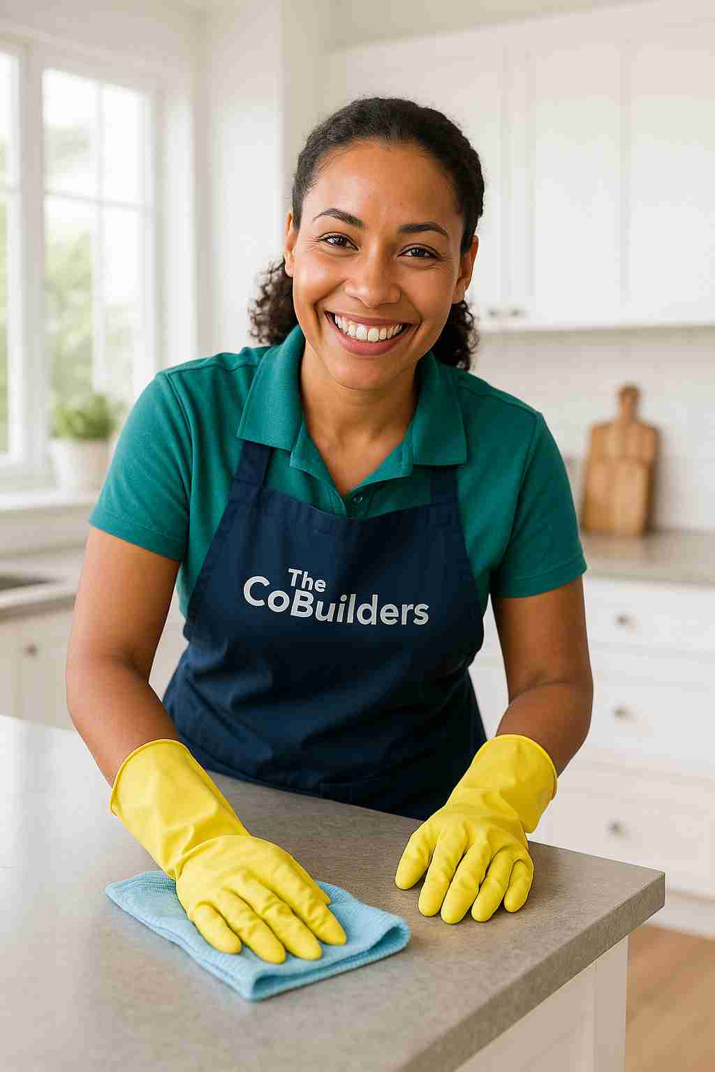 Smiling professional cleaner wiping a kitchen counter in a bright, tidy home, representing affordable house cleaning from The CoBuilders