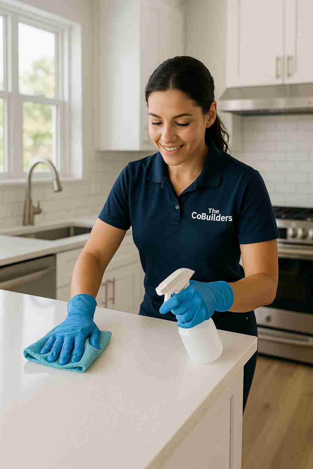 Professional house cleaner with "The CoBuilders" label on their uniform wiping a kitchen surface in a bright, modern Tampa home
