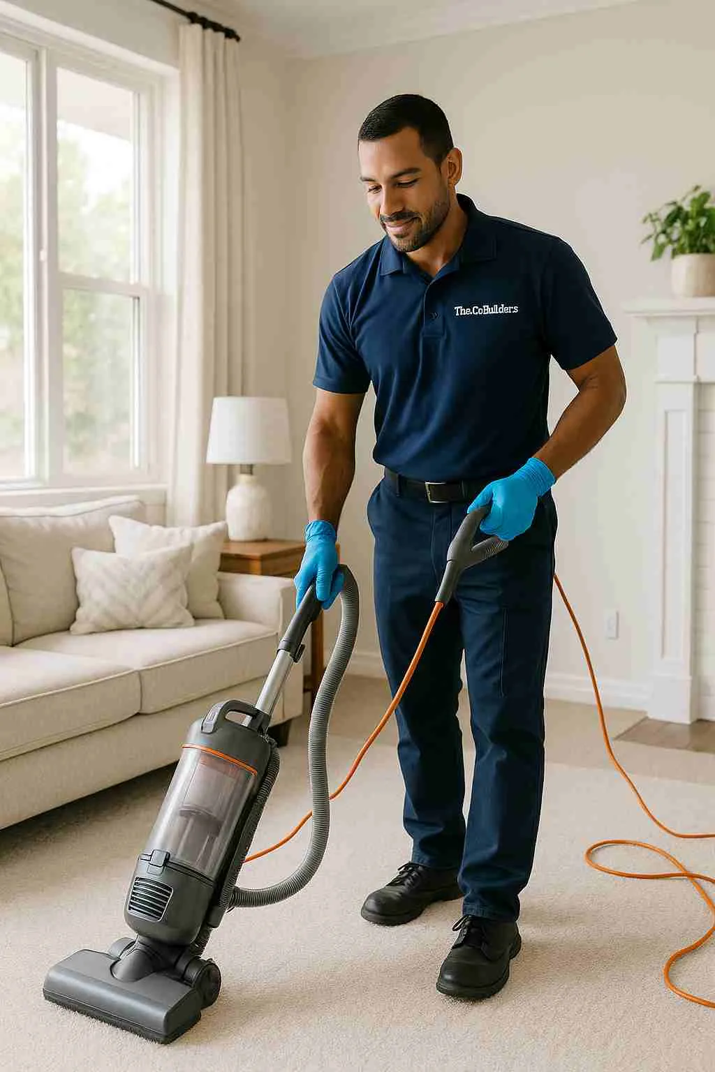 Professional male house cleaner with "The CoBuilders" label on their uniform, vacuuming a bright living room in a Fresno home