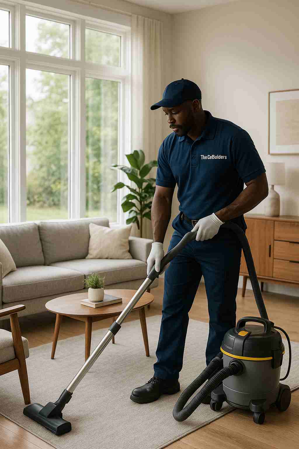 Professional African American male cleaner, with "The CoBuilders" label on their uniform, vacuuming a modern Suffolk County living room with large windows and natural light