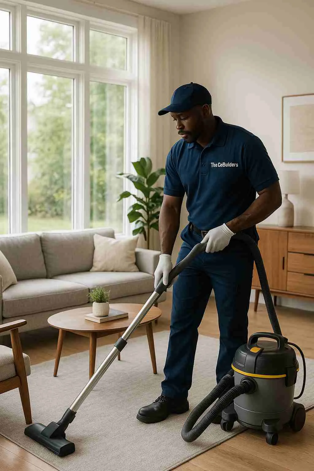 Professional African American male cleaner, with "The CoBuilders" label on their uniform, vacuuming a modern Suffolk County living room with large windows and natural light