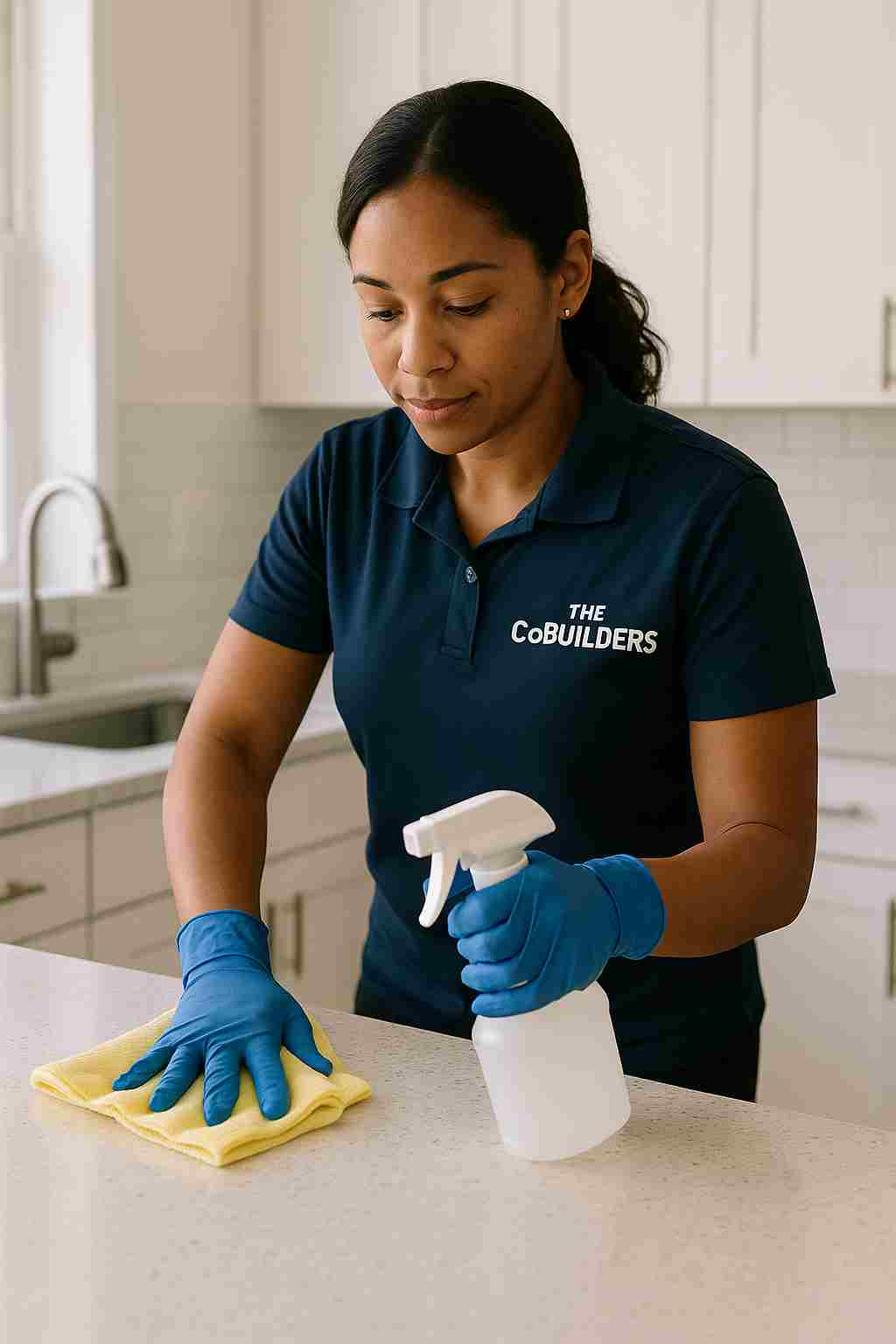 Home cleaner with "The CoBuilders" label on their uniform wiping a kitchen counter with natural light, representing a trusted alternative