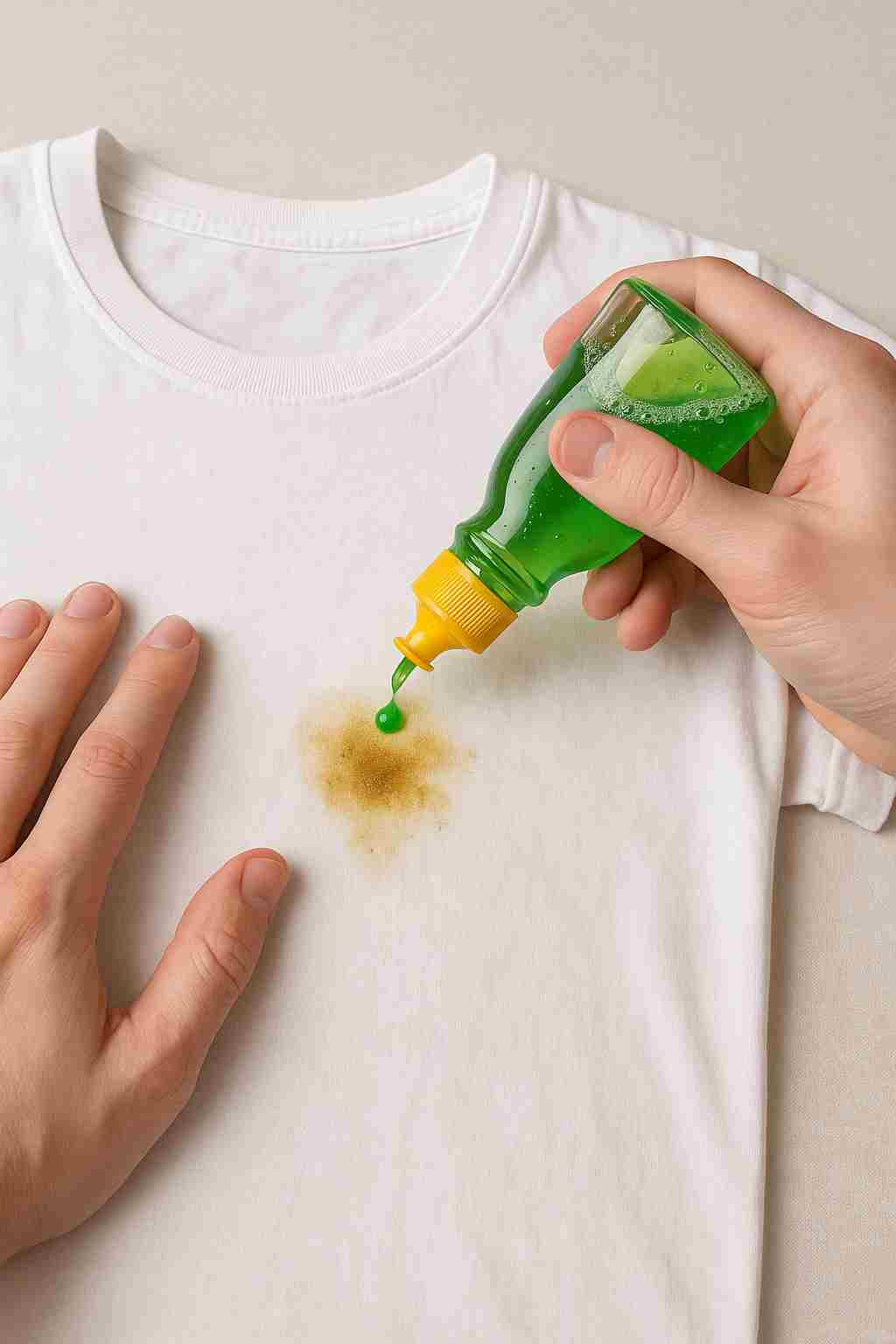 A person applying dish soap to a grease stain on a cotton shirt before washing.