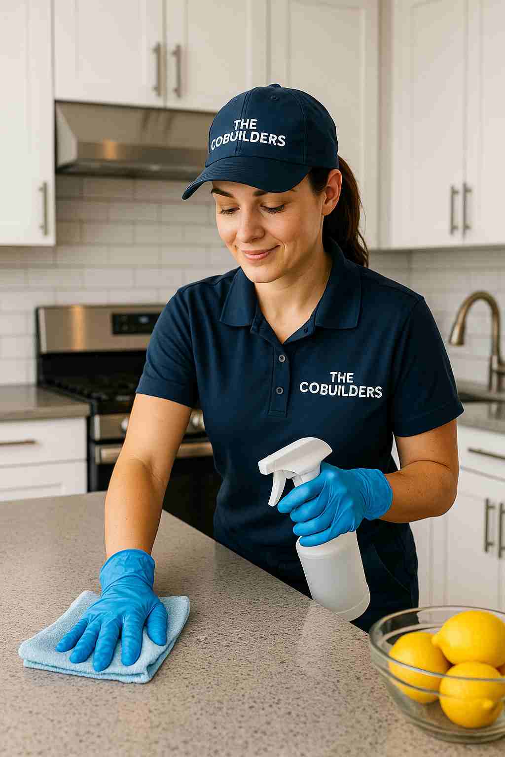 Professional cleaner with "The CoBuilders" label on their uniform wiping a modern kitchen counter, representing reliable house cleaning services