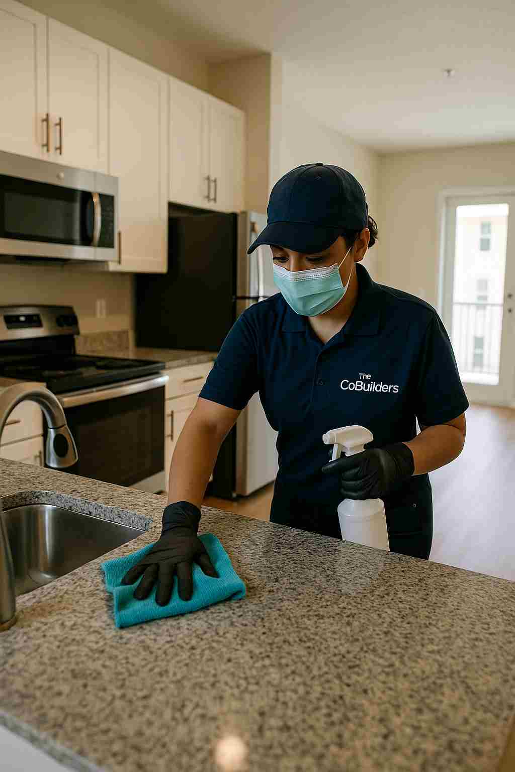 A professional cleaner, with "The CoBuilders" label on their uniform, wiping down a kitchen in a freshly vacated apartment in Orlando