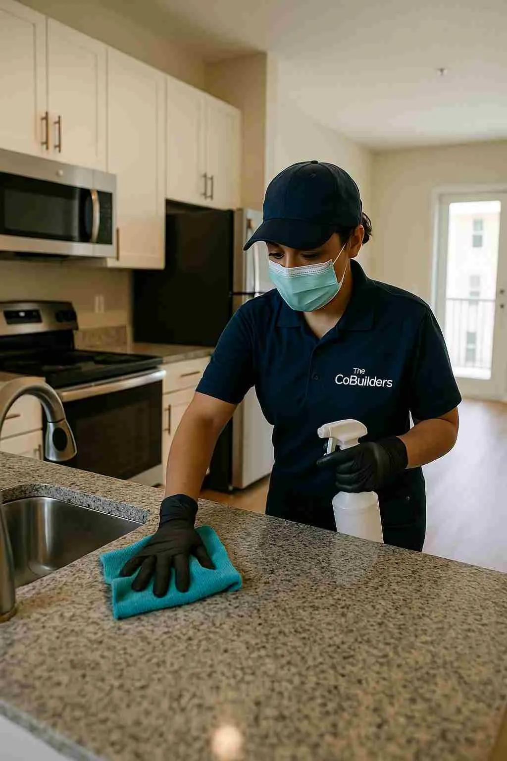 A professional cleaner, with "The CoBuilders" label on their uniform, wiping down a kitchen in a freshly vacated apartment in Orlando