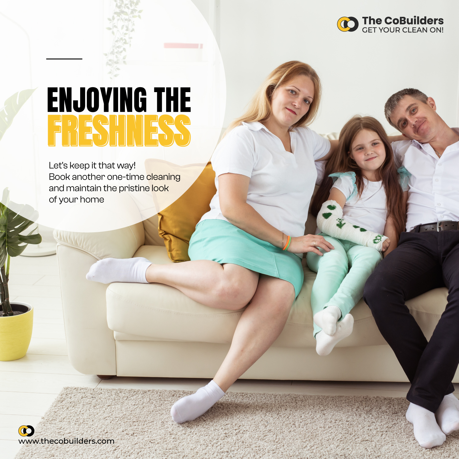 a happy family sitting on a clean chair
